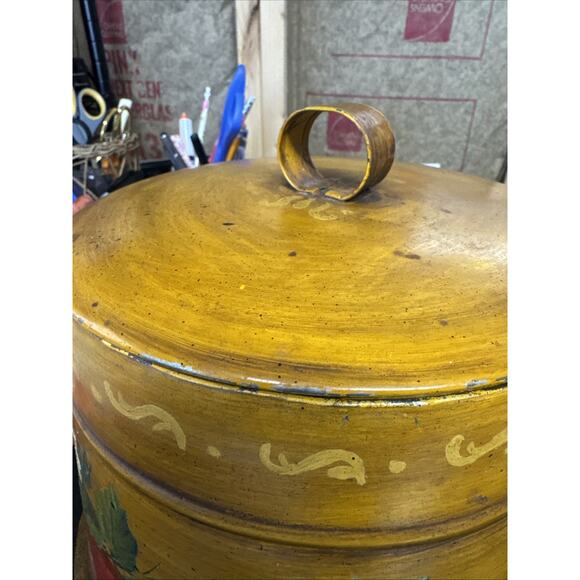 Vintage Painted Large Tin Folk Art Toleware Hand Painted Primitive Storage Metal - Picture 11 of 11